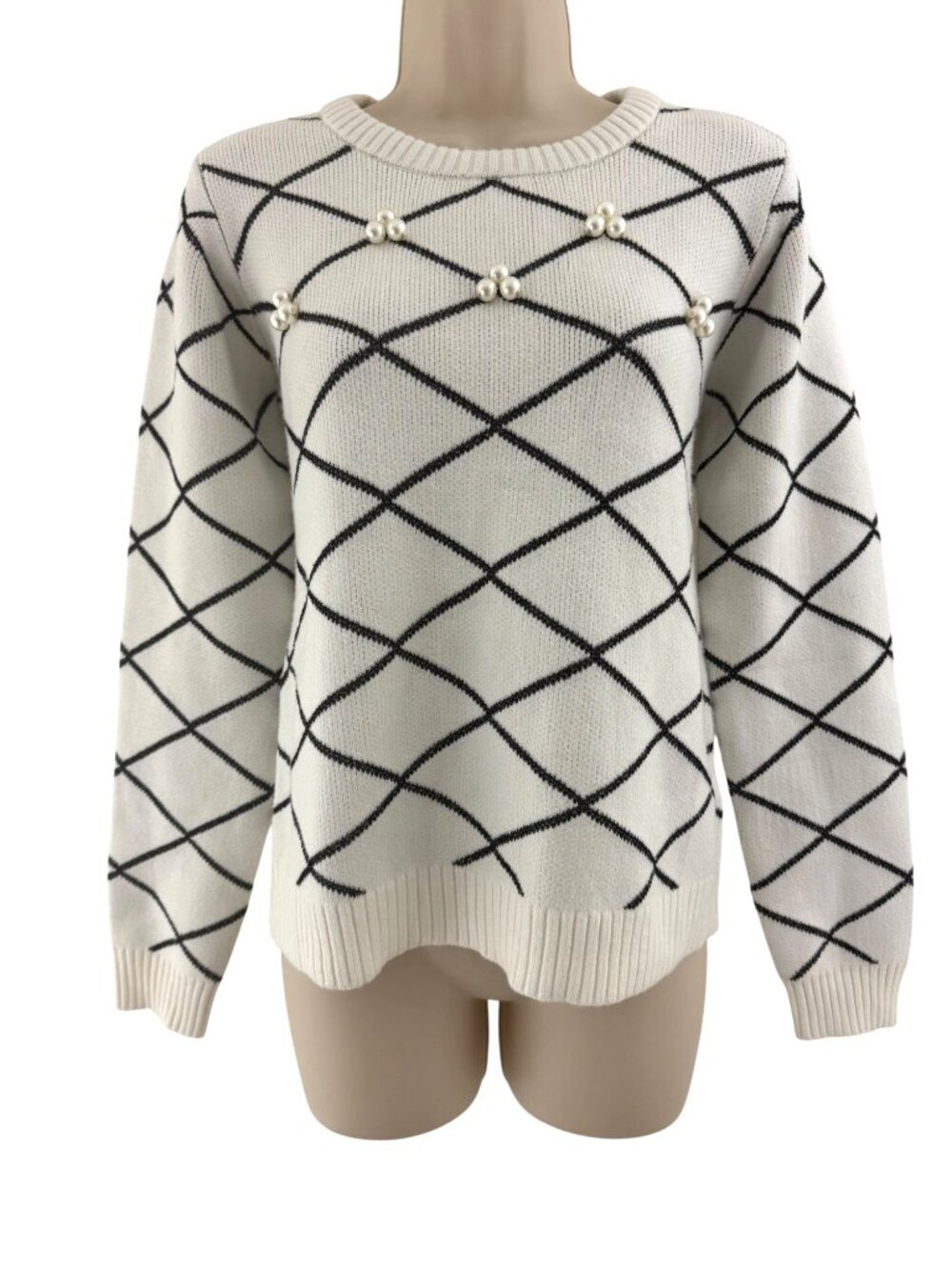 Venus Ivory Creme Black Ultrasoft Sweater Knit Faux Pearls Size M New Winter Top